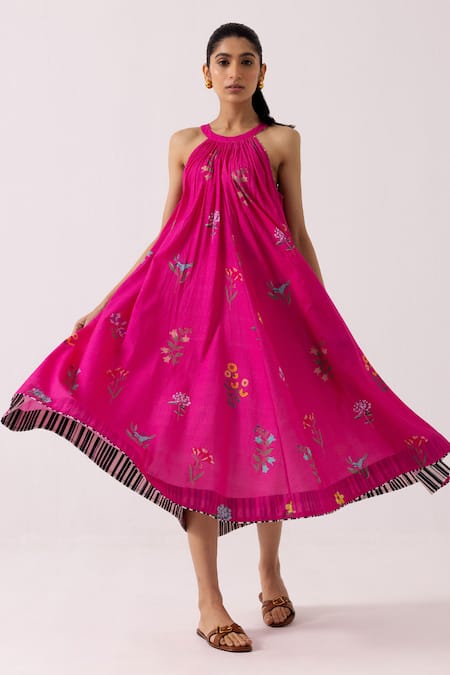Shop_Label Shreya Sharma_Pink Cotton Embroidery Round Neck Floral Print Dress _Online_at_Aza_Fashions