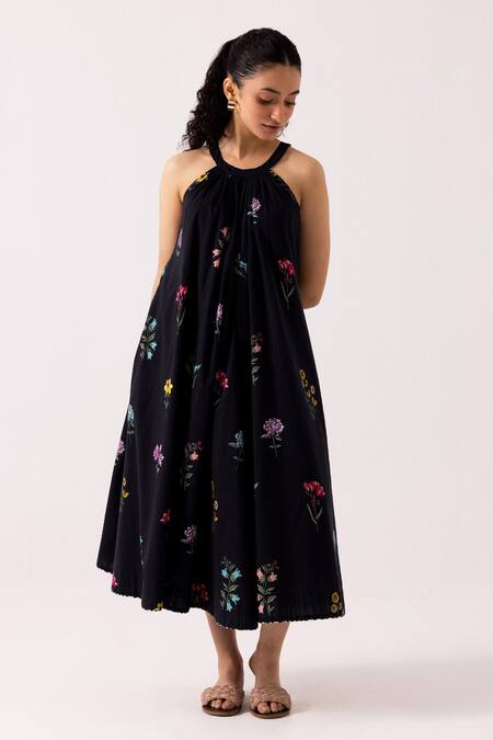 Buy Label Shreya Sharma Black Cotton Round Neck Floral Bloom Print Dress Online at Aza Fashions Buy_Label Shreya Sharma_Black Cotton Round Neck Floral Bloom Print Dress _Online_at_Aza_Fashions