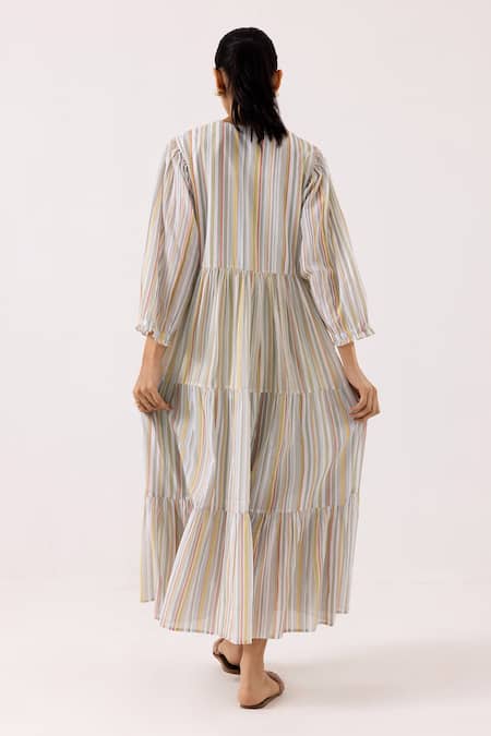 Shop_Label Shreya Sharma_White Cotton V-neck Stripe Print Midi Dress _at_Aza_Fashions
