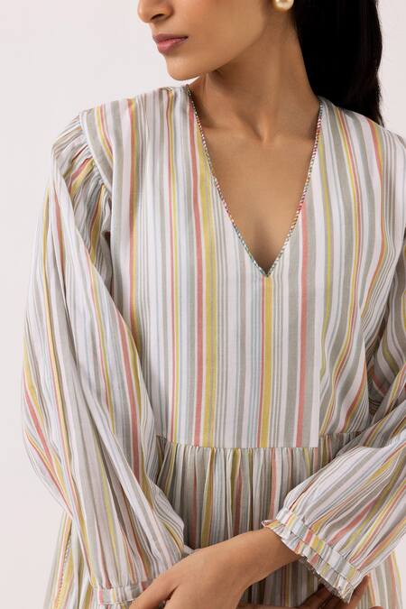 Label Shreya Sharma_White Cotton V-neck Stripe Print Midi Dress _Online_at_Aza_Fashions