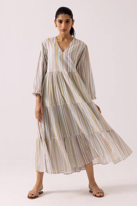Shop_Label Shreya Sharma_White Cotton V-neck Stripe Print Midi Dress _Online_at_Aza_Fashions