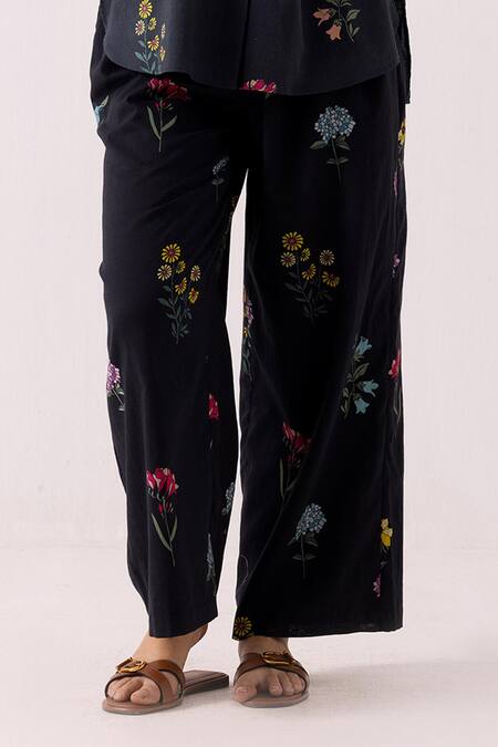 Label Shreya Sharma Black Cotton Embroidery Collared Floral Print Shirt And Pant Set Online at Aza Fashions Label Shreya Sharma_Black Cotton Embroidery Collared Floral Print Shirt And Pant Set _Online_at_Aza_Fashions