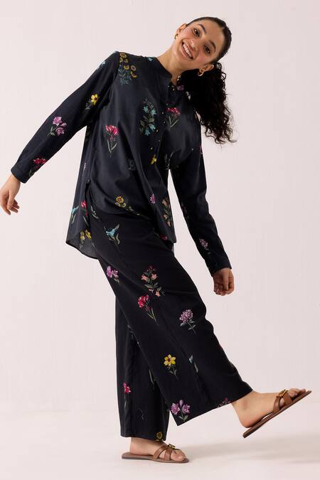 Shop Label Shreya Sharma Black Cotton Embroidery Collared Floral Print Shirt And Pant Set Online at Aza Fashions Shop_Label Shreya Sharma_Black Cotton Embroidery Collared Floral Print Shirt And Pant Set _Online_at_Aza_Fashions