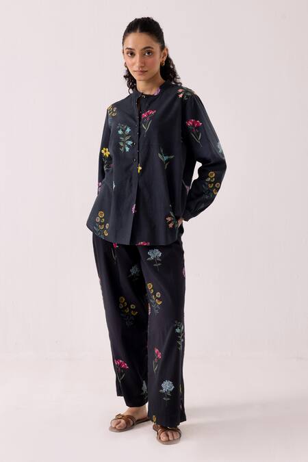 Label Shreya Sharma Black Cotton Embroidery Collared Floral Print Shirt And Pant Set at Aza Fashions Label Shreya Sharma_Black Cotton Embroidery Collared Floral Print Shirt And Pant Set _at_Aza_Fashions
