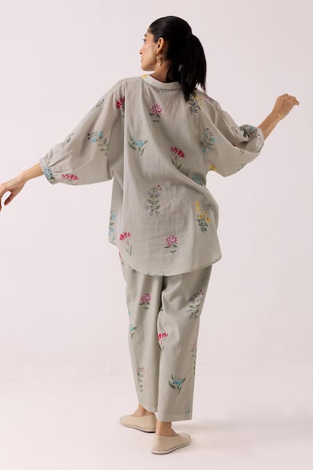 Shop_Label Shreya Sharma_Green Cotton Embroidery Collared Floral Print Shirt With Pant _at_Aza_Fashions