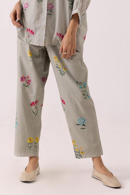 Label Shreya Sharma_Green Cotton Embroidery Collared Floral Print Shirt With Pant _Online_at_Aza_Fashions