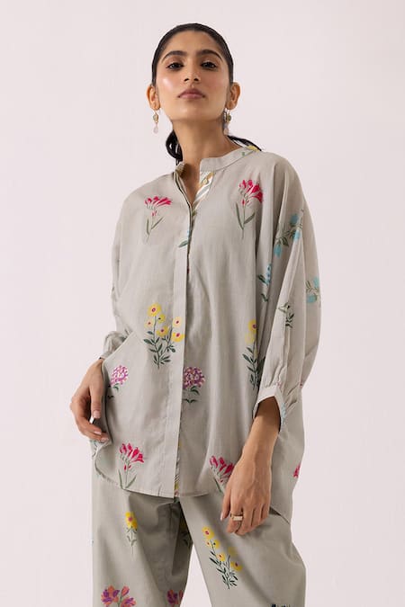 Buy_Label Shreya Sharma_Green Cotton Embroidery Collared Floral Print Shirt With Pant _Online_at_Aza_Fashions