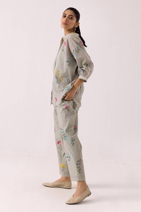 Shop_Label Shreya Sharma_Green Cotton Embroidery Collared Floral Print Shirt With Pant _Online_at_Aza_Fashions