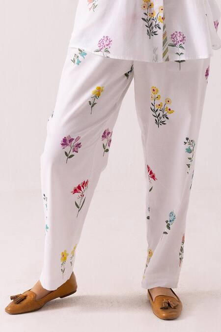 Label Shreya Sharma White Cotton Print Floral Mandarin Collar Bloom Shirt With Pant  3