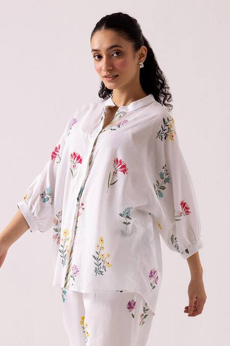 Label Shreya Sharma White Cotton Print Floral Mandarin Collar Bloom Shirt With Pant  4