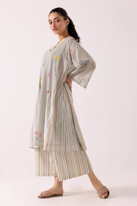 Shop Label Shreya Sharma Green Cotton Embroidery V-neck Floral And Stripe Print Kurta With Pant Online at Aza Fashions Shop_Label Shreya Sharma_Green Cotton Embroidery V-neck Floral And Stripe Print Kurta With Pant _Online_at_Aza_Fashions