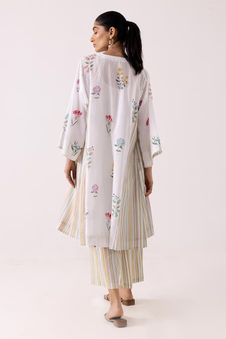 Shop Label Shreya Sharma White Cotton Embroidery V-neck Flower And Stripe Print Kurta With Pant at Aza Fashions Shop_Label Shreya Sharma_White Cotton Embroidery V-neck Flower And Stripe Print Kurta With Pant _at_Aza_Fashions