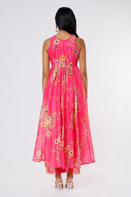 Shop Yuvraani Jaipur Pink Organza, Chanderi, Cotton Lace, Embroidery Flower Pattern Anarkali Set at Aza Fashions Shop_Yuvraani Jaipur_Pink Organza, Chanderi, Cotton Lace, Embroidery Flower Pattern Anarkali Set _at_Aza_Fashions