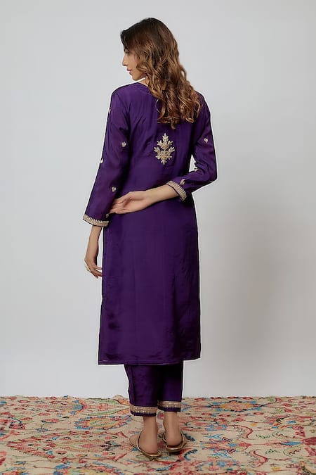 Shop Yuvraani Jaipur Purple Silk, Organza, Cotton Embroidery Round Neck Hand Kurta Pant Set at Aza Fashions Shop_Yuvraani Jaipur_Purple Silk, Organza, Cotton Embroidery Round Neck Hand Kurta Pant Set _at_Aza_Fashions