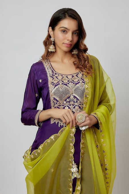 Buy Yuvraani Jaipur Purple Silk, Organza, Cotton Embroidery Round Neck Hand Kurta Pant Set Online at Aza Fashions Buy_Yuvraani Jaipur_Purple Silk, Organza, Cotton Embroidery Round Neck Hand Kurta Pant Set _Online_at_Aza_Fashions