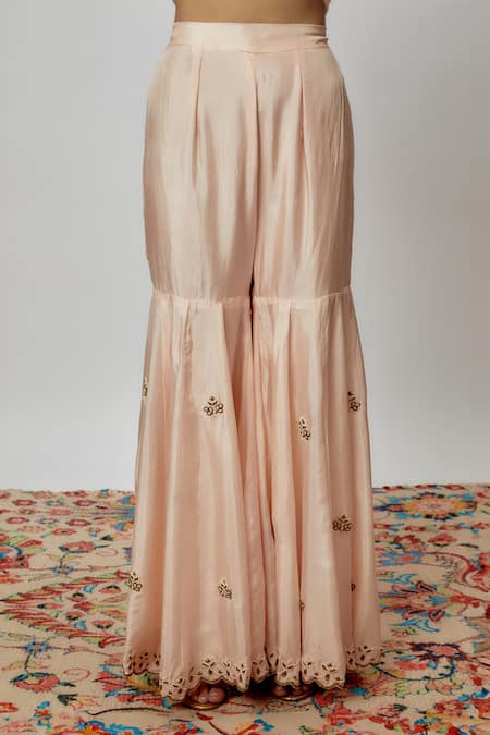 Yuvraani Jaipur Pink Silk, Organza Embroidery Round Neck Aari Hand Kurta Sharara Set Online at Aza Fashions Yuvraani Jaipur_Pink Silk, Organza Embroidery Round Neck Aari Hand Kurta Sharara Set _Online_at_Aza_Fashions