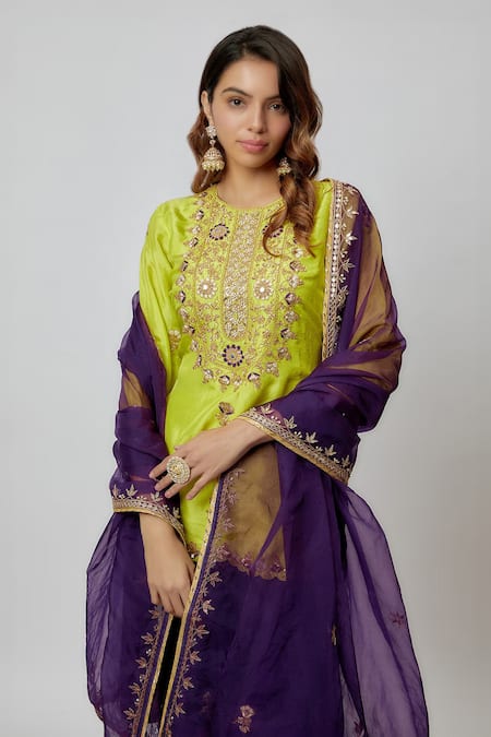 Yuvraani Jaipur_Green Silk, Organza Embroidery, Gota Patti Round Neck Floral Kurta Sharara Set _Online_at_Aza_Fashions
