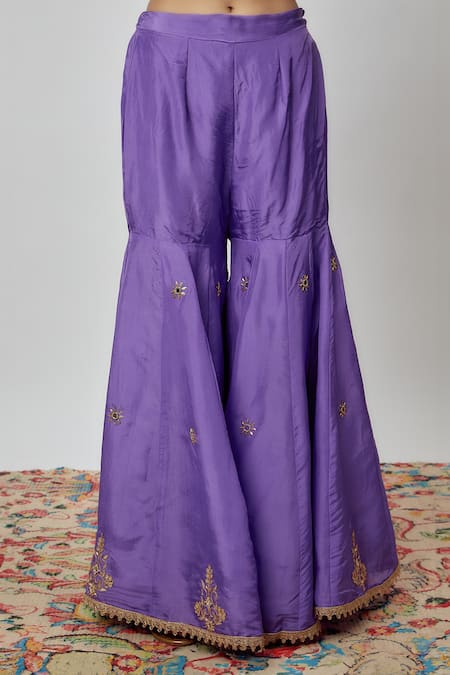 Yuvraani Jaipur Purple Silk, Organza Embroidery, Gota Patti V-neck Hand Kurta Sharara Set Online at Aza Fashions Yuvraani Jaipur_Purple Silk, Organza Embroidery, Gota Patti V-neck Hand Kurta Sharara Set _Online_at_Aza_Fashions