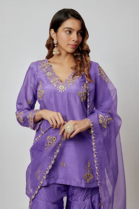 Buy Yuvraani Jaipur Purple Silk, Organza Embroidery, Gota Patti V-neck Hand Kurta Sharara Set Online at Aza Fashions Buy_Yuvraani Jaipur_Purple Silk, Organza Embroidery, Gota Patti V-neck Hand Kurta Sharara Set _Online_at_Aza_Fashions