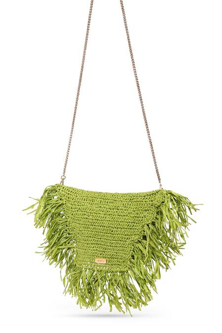 Jena Green Tassels Raffia Moon Work Bag 