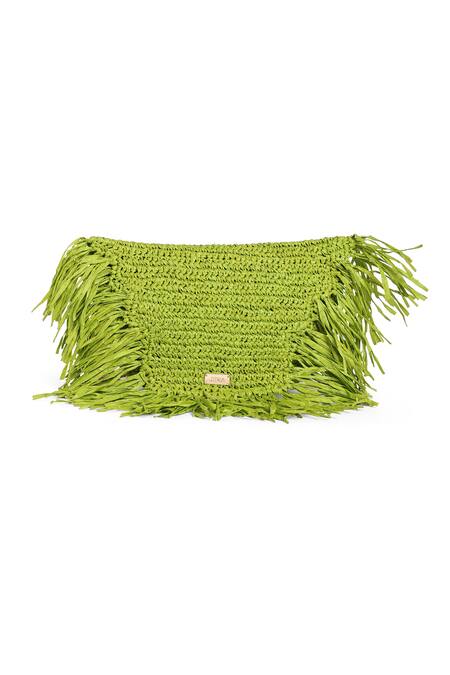 Jena_Green Tassels Raffia Moon Work Bag_Online_at_Aza_Fashions