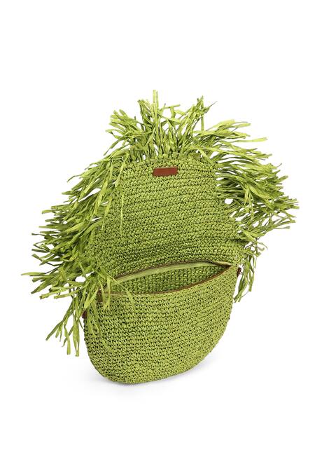 Buy_Jena_Green Tassels Raffia Moon Work Bag_Online_at_Aza_Fashions