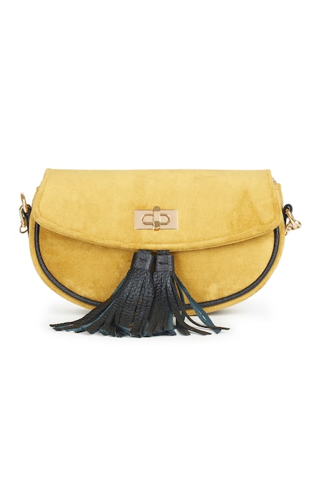 Jena_Yellow Velvet Tassel Work Bag _Online_at_Aza_Fashions