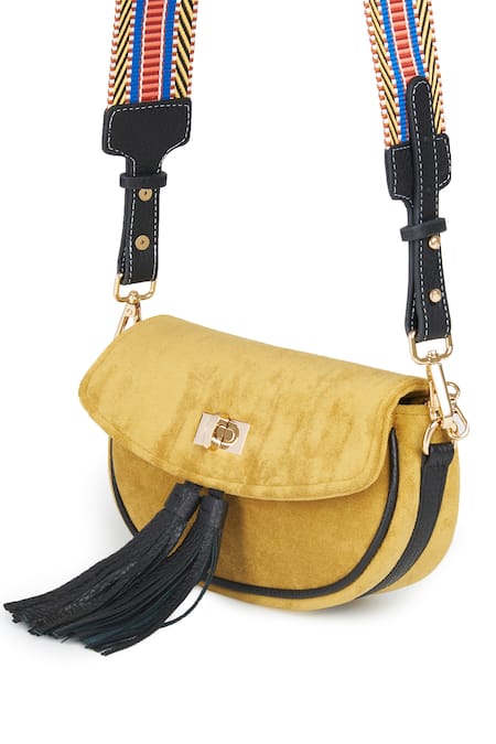 Buy_Jena_Yellow Velvet Tassel Work Bag _Online_at_Aza_Fashions