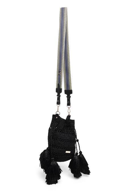 Shop_Jena_Black Tassels Mini Raffia Bucket Bag _at_Aza_Fashions