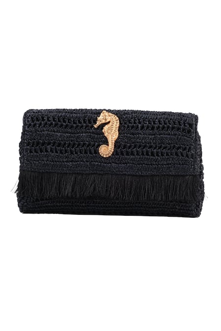 Jena_Black Woven Slim Real Emblem Embellished Clutch _Online_at_Aza_Fashions