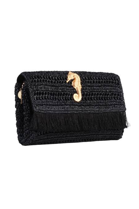 Shop_Jena_Black Woven Slim Real Emblem Embellished Clutch _Online_at_Aza_Fashions