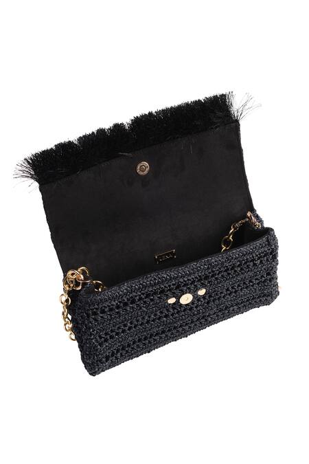 Jena_Black Woven Slim Real Emblem Embellished Clutch _at_Aza_Fashions