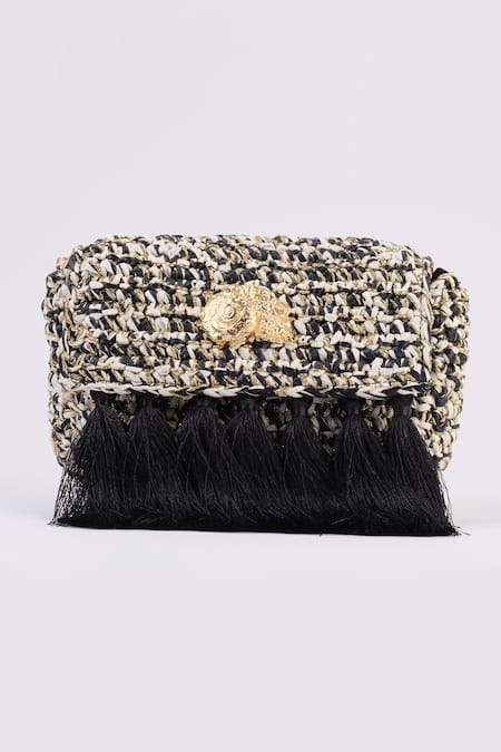 Jena_Black Woven 3-weave Embellished Clutch _Online_at_Aza_Fashions