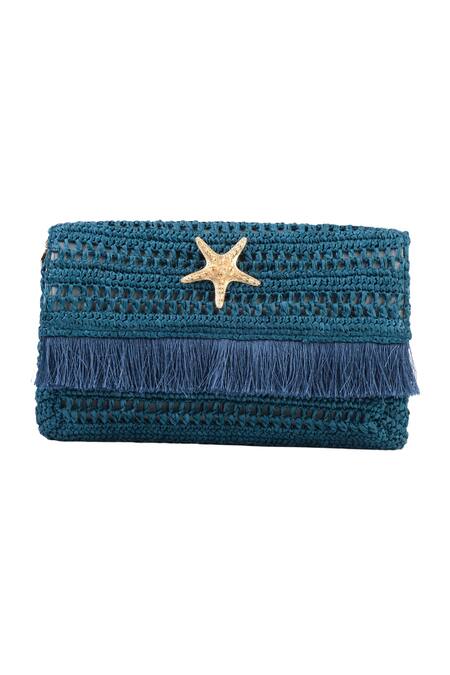 Jena_Blue Woven Star Fish Emblem Clutch_Online_at_Aza_Fashions