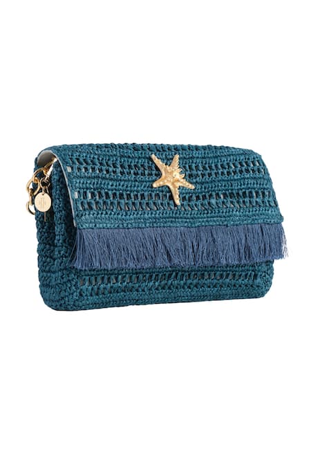 Shop_Jena_Blue Woven Star Fish Emblem Clutch_Online_at_Aza_Fashions
