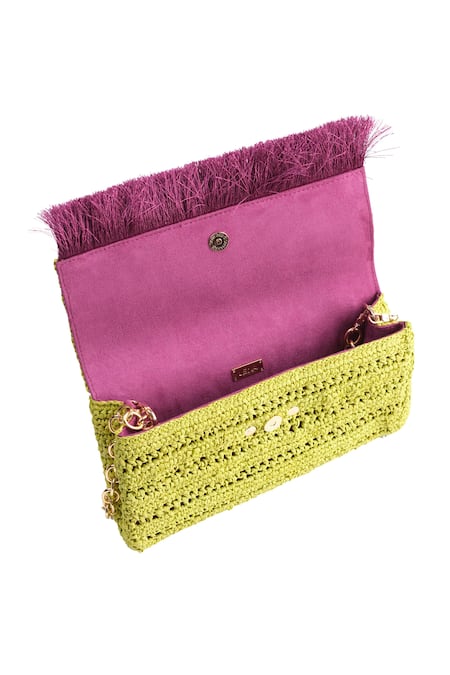 Jena Green Woven Raffia Embellished Clutch at Aza Fashions Jena_Green Woven Raffia Embellished Clutch _at_Aza_Fashions
