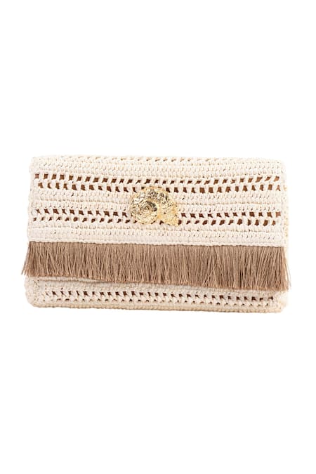 Jena_Off White Woven Slim Real Embellished Clutch_Online_at_Aza_Fashions