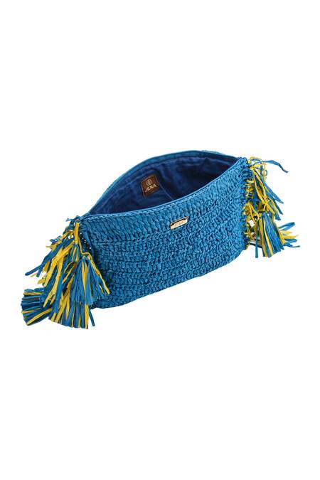Buy_Jena_Blue Woven Fringed Tasselled Clutch_Online_at_Aza_Fashions