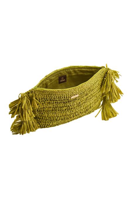 Shop_Jena_Green Woven Textured Fringed Clutch_Online_at_Aza_Fashions