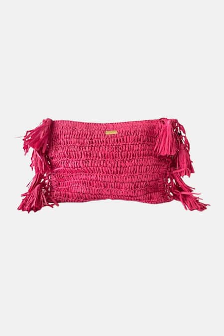 Jena Raffia Woven Fringed Clutch 