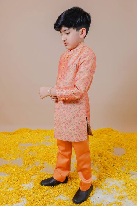 Buy_Swati Golyan_Orange 100% Chanderi Printed Floral Jodhpuri Set  _Online_at_Aza_Fashions