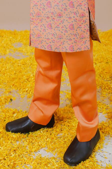 Shop_Swati Golyan_Orange 100% Chanderi Printed Floral Jodhpuri Set  _Online_at_Aza_Fashions