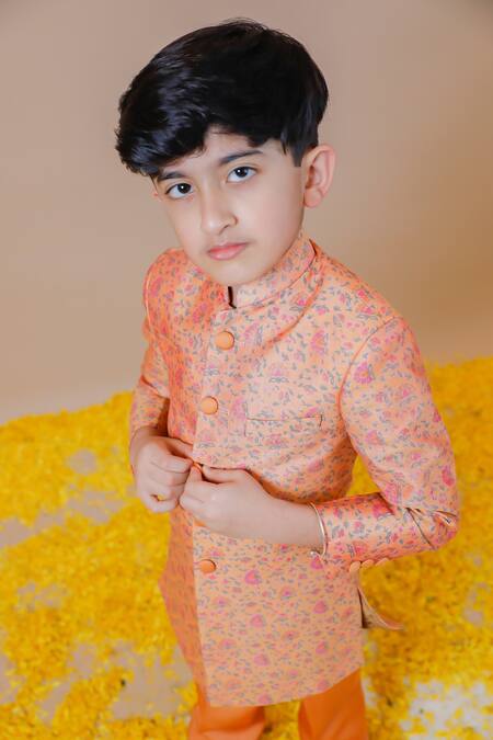 Swati Golyan_Orange 100% Chanderi Printed Floral Jodhpuri Set  _at_Aza_Fashions