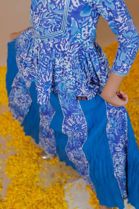 Swati Golyan_Blue 100% Cotton Hand Block Printed Floral Lehenga And Peplum Top Set  _Online_at_Aza_Fashions