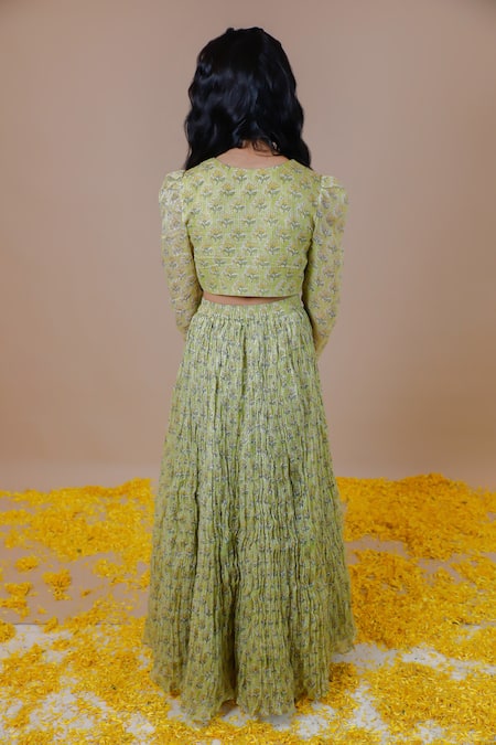 Swati Golyan Flower Handblock Print Lehenga & Crop Top Set 