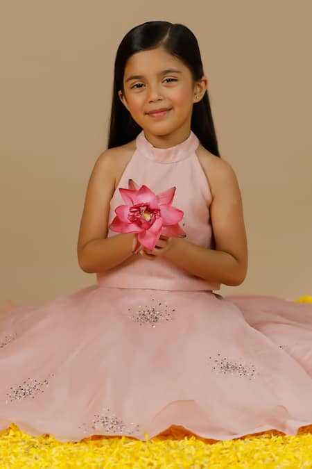 Swati Golyan_Pink Silk Organza Embroidery Cutdana Sequin Lehenga And Crop Top Set  _Online_at_Aza_Fashions