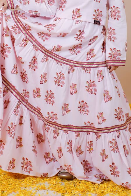 Shop_Swati Golyan_Pink 100% Cotton Hand Block Printed Flower Lehenga And Crop Top Set  _Online_at_Aza_Fashions