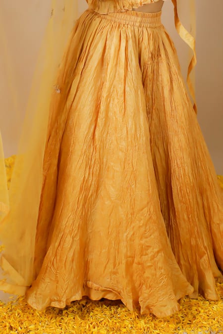 Swati Golyan_Yellow Silk Embroidery Gota Textured Lehenga Crop Top Set  _Online_at_Aza_Fashions