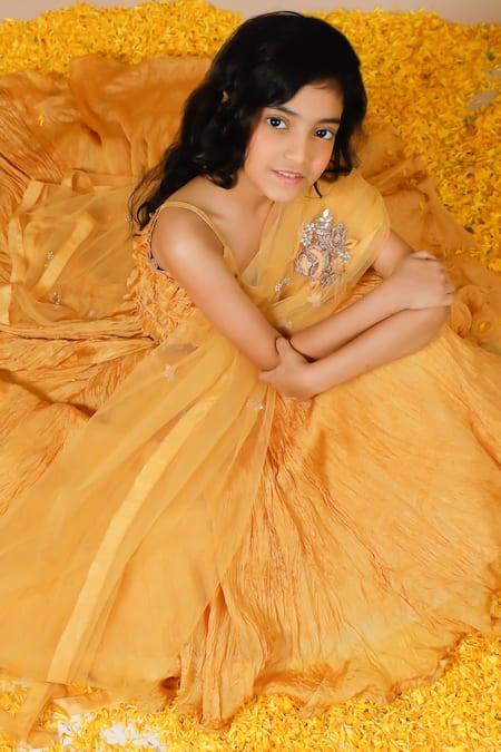 Buy_Swati Golyan_Yellow Silk Embroidery Gota Textured Lehenga Crop Top Set  _Online_at_Aza_Fashions