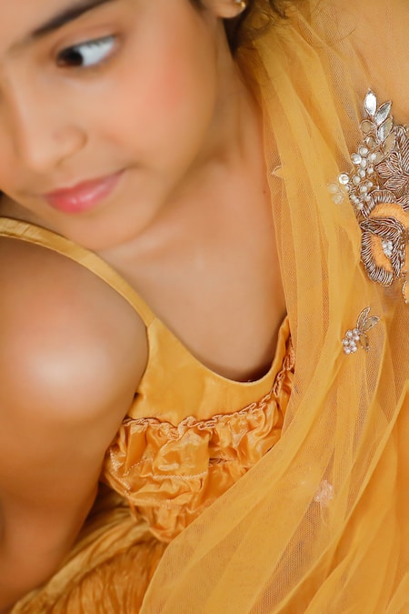 Swati Golyan_Yellow Silk Embroidery Gota Textured Lehenga Crop Top Set  _at_Aza_Fashions